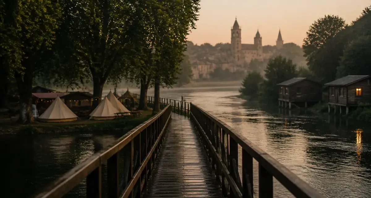 Passerelle entre îles au camping Huttopia Beaulieu sur Dordogne, en groupe