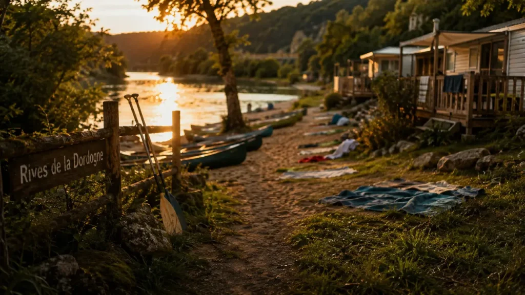 Camping Les Rives de la Dordogne à Domme : accès direct à la rivière, camping piétonnier et 24 mobil-homes climatisés