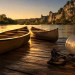 canoë aventure dordogne : embarquement au bord de l’eau, bidon étanche et pagaies