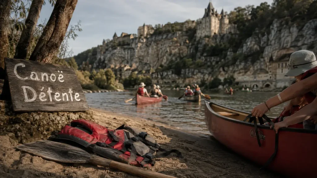 Canoë détente dordogne : gilets et rames près du Port d’Enveaux