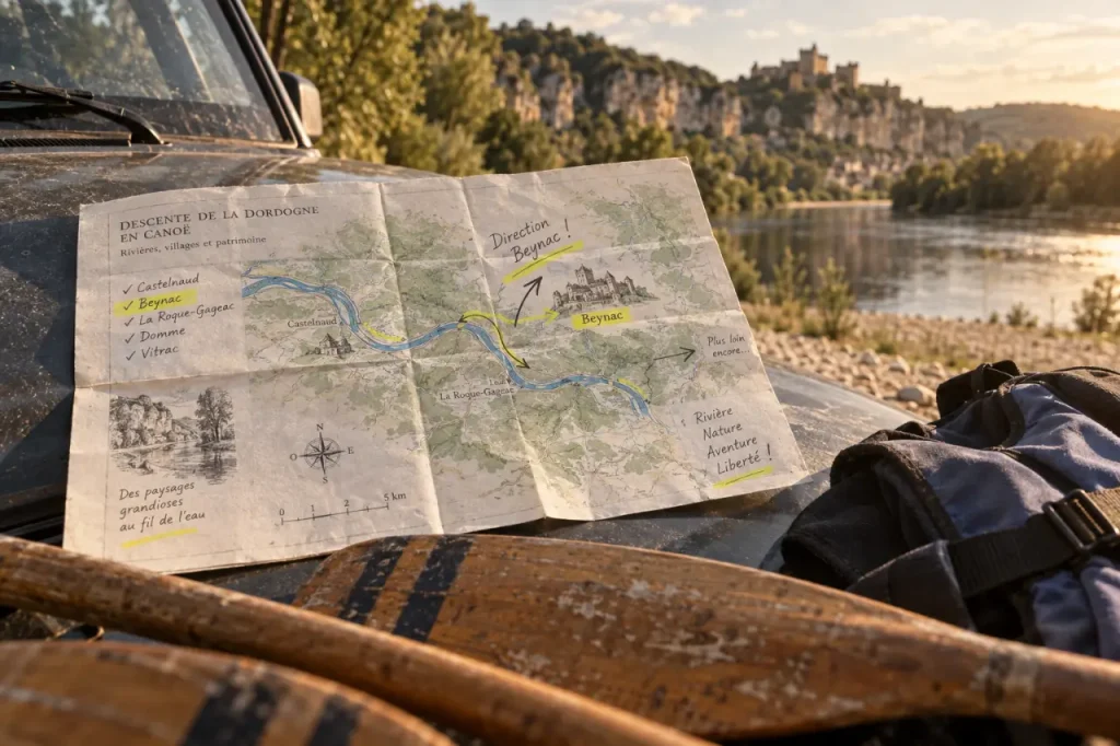Carte du canoë en Dordogne : de Carsac à Beynac, le parcours des 3 châteaux