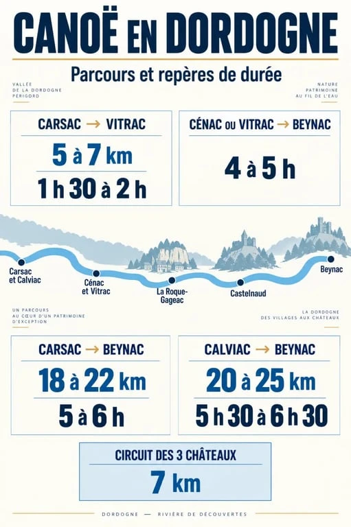 Carte des parcours de canoë Dordogne entre Carsac, La Roque-Gageac, Castelnaud et Beynac avec distances et durées