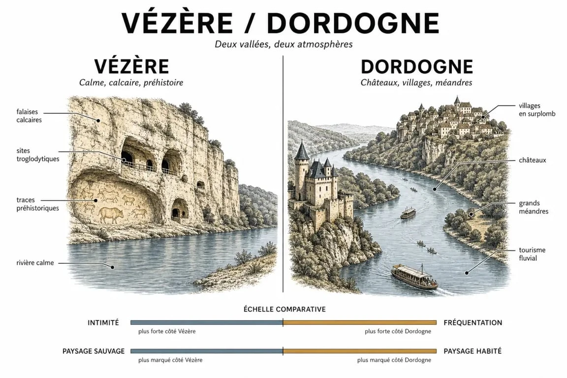 canoë vézère ou dordogne : comparaison visuelle entre falaises préhistoriques et châteaux du Périgord
