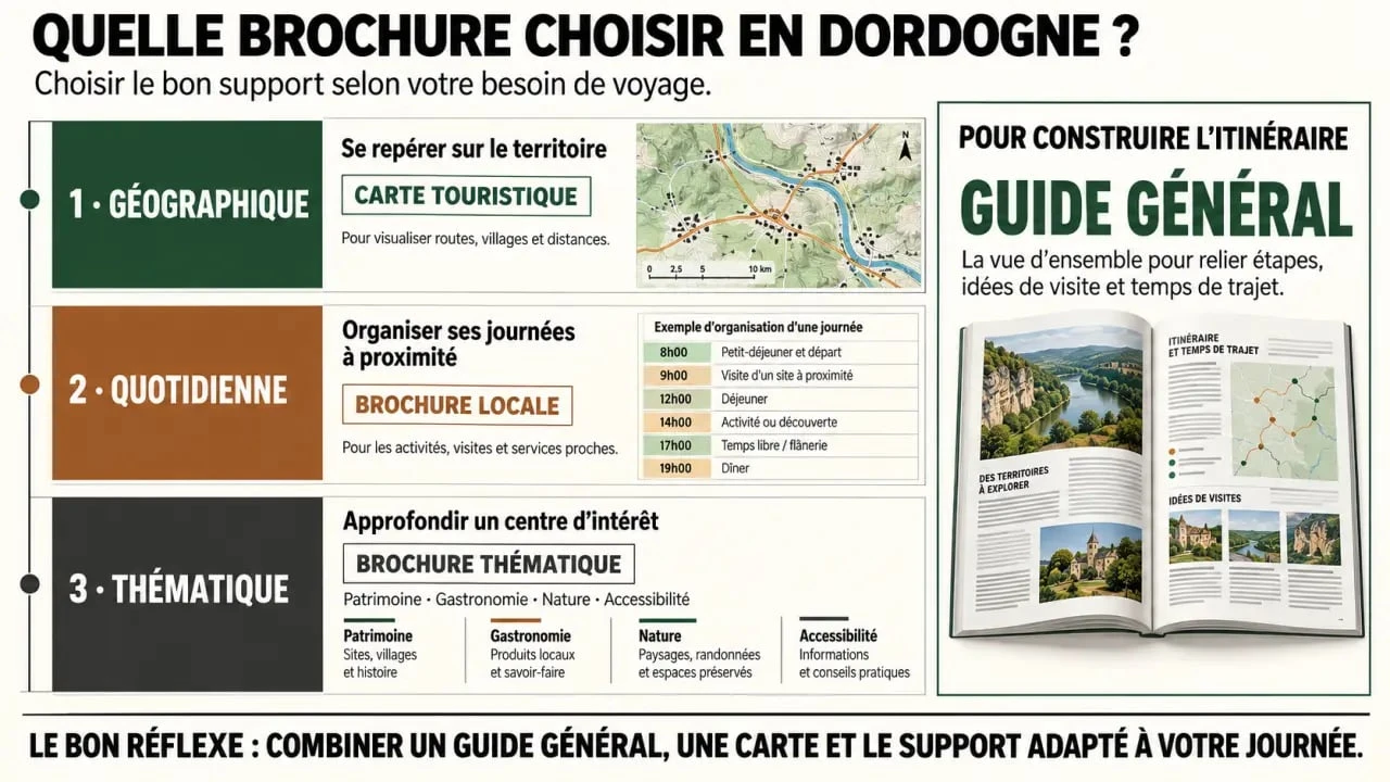 Brochure office de tourisme Dordogne : infographie pour choisir un guide, une carte ou un document thématique