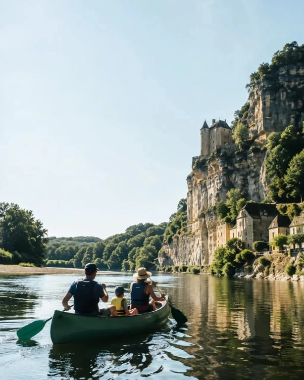 canoë aventure dordogne sur la Dordogne avec falaises et château en arrière-plan