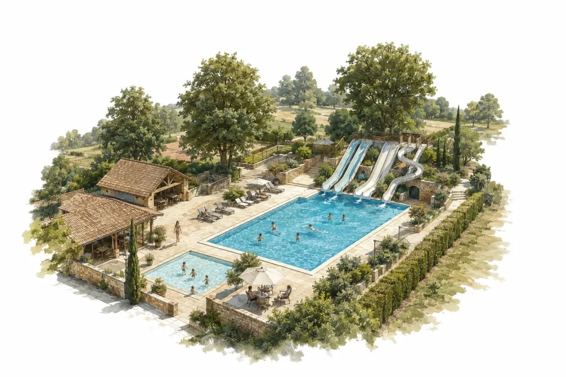 Camping Le Pigeonnier en Dordogne avec piscine chauffée et toboggans aquatiques