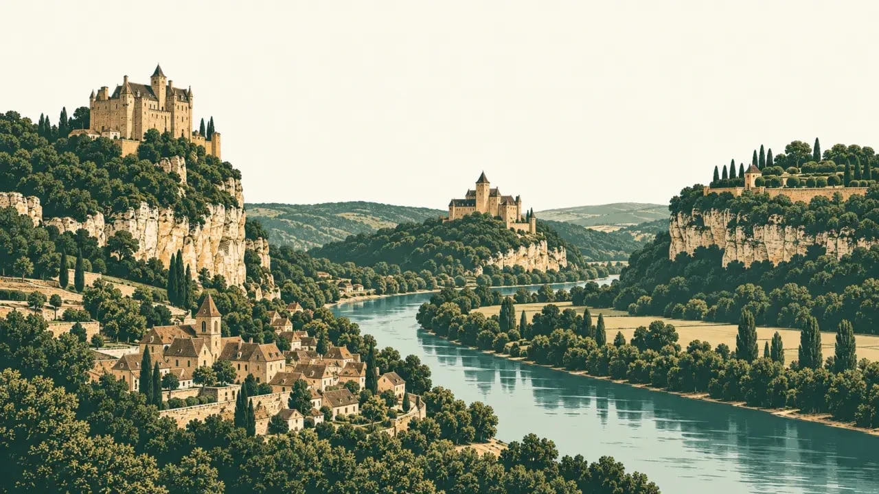 Vallée de la Dordogne près du camping Dordogne Les Deux Vallées avec villages et châteaux