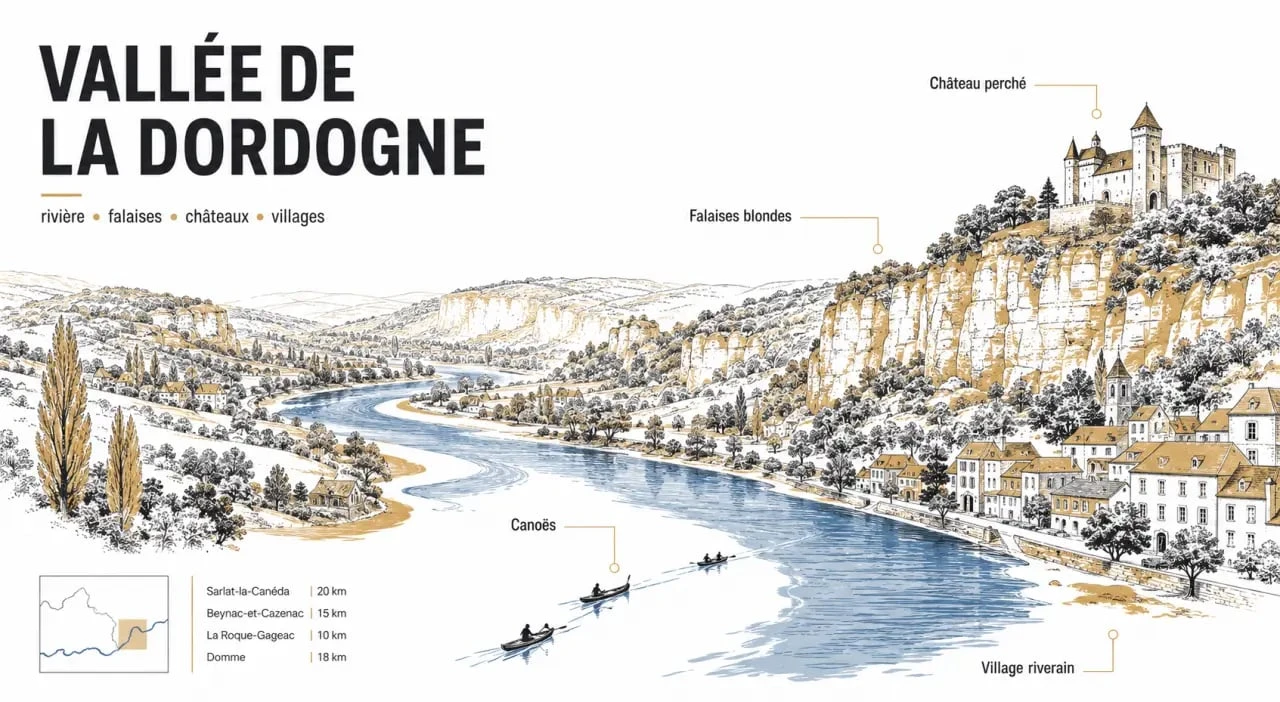 Où faire du canoë en Dordogne : panorama éditorial de la rivière avec canoës, falaises et châteaux