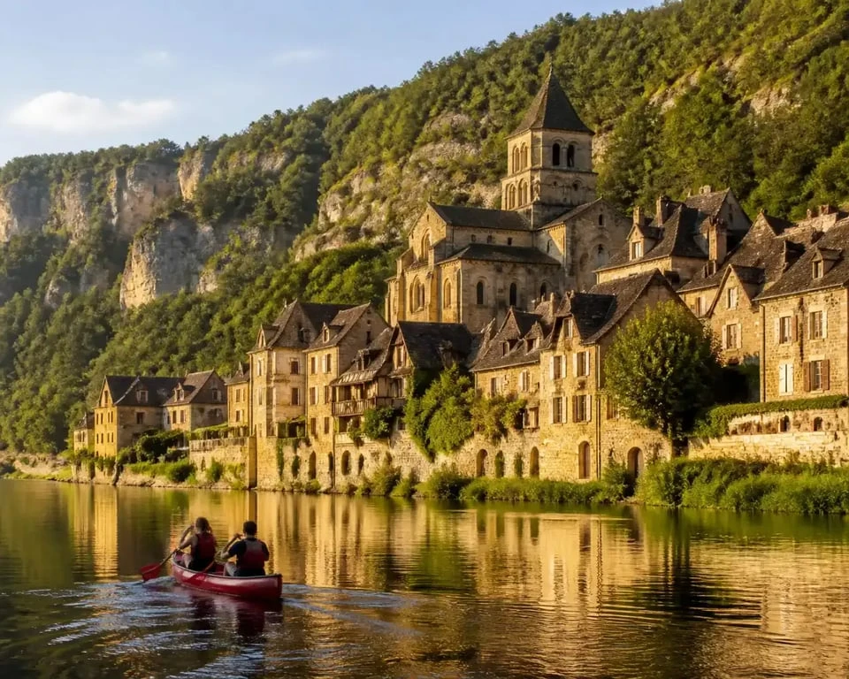 Village de Beaulieu-sur-Dordogne vu depuis la rivière près du camping Huttopia