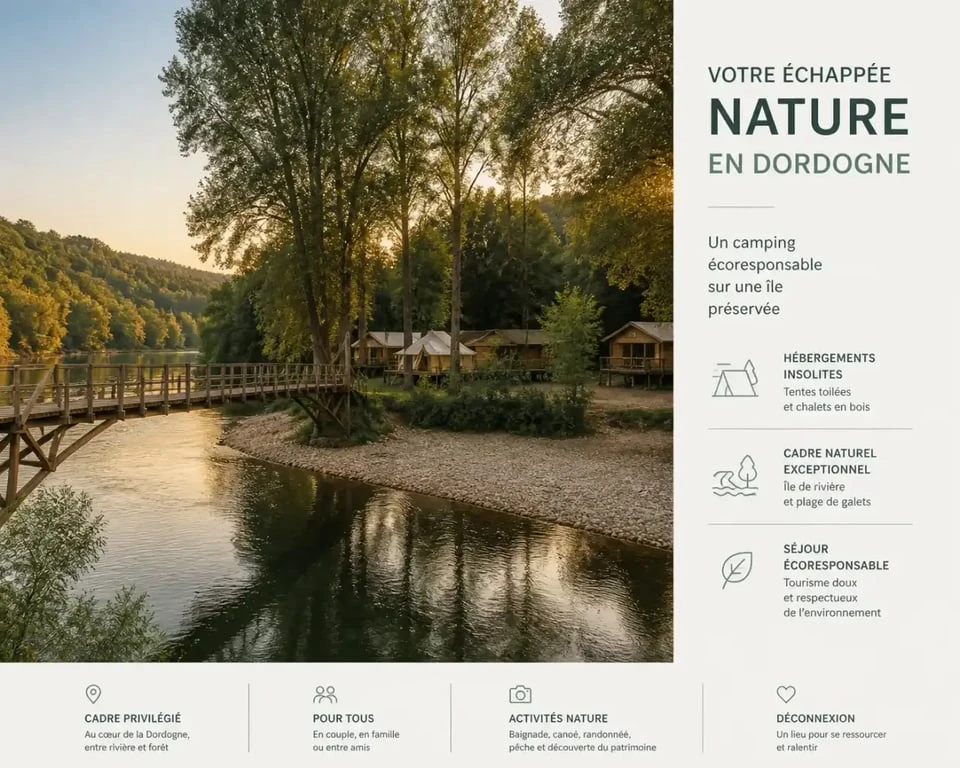 Camping Huttopia Beaulieu-sur-Dordogne sur une île avec passerelle et hébergements en bord de rivière