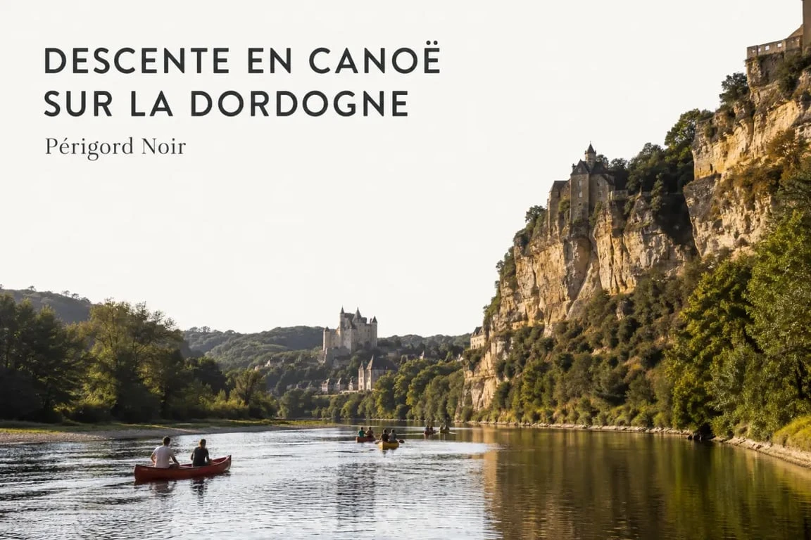 canoë détente dordogne sur la Dordogne avec canoës, rivière calme et châteaux en arrière-plan