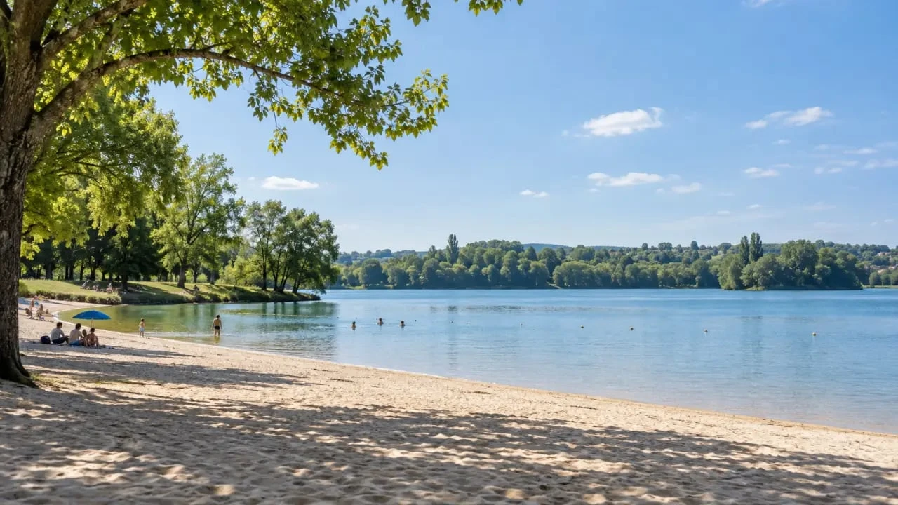 Baignade Dordogne Bergerac au lac de Pombonne, plage aménagée et espace ombragé