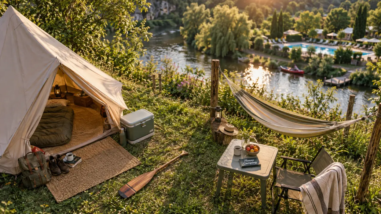 Flower camping les berges de la dordogne : parcelle au bord de la Dordogne, piscine chauffée au loin