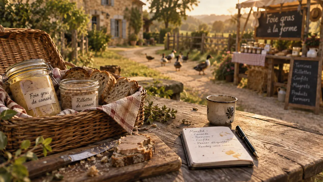 Foie gras dordogne ferme : bocal de foie gras sur table de ferme