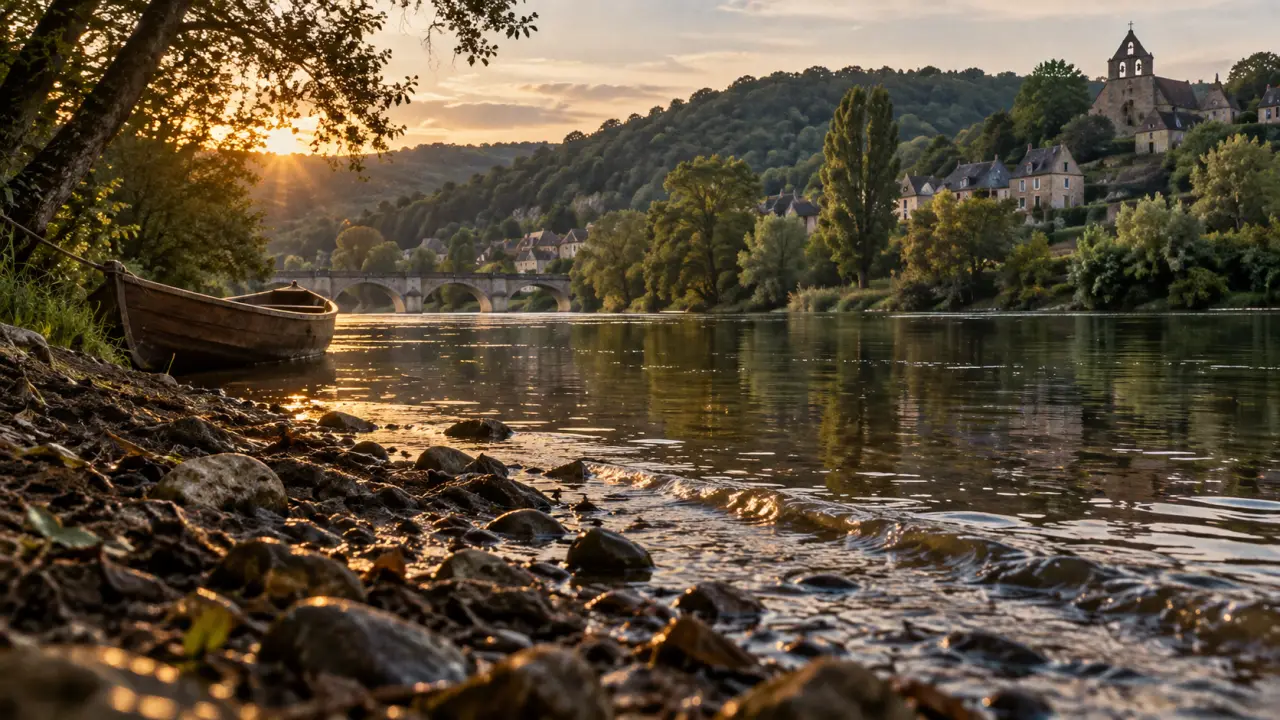 Monceaux sur Dordogne tourisme : berge de la Dordogne et canoë