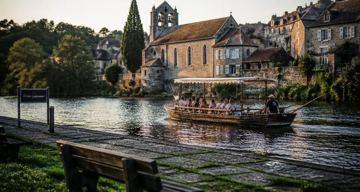 Tourisme autour de Beaulieu sur Dordogne : gabare sur la Dordogne près de la chapelle médiévale