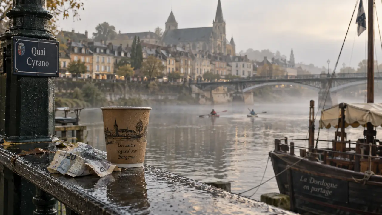 Activité bergerac dordogne : quai Cyrano au matin, ambiance brumeuse