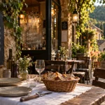 Calviac en Périgord restaurant : table en bois et panneau « Le Calviac »