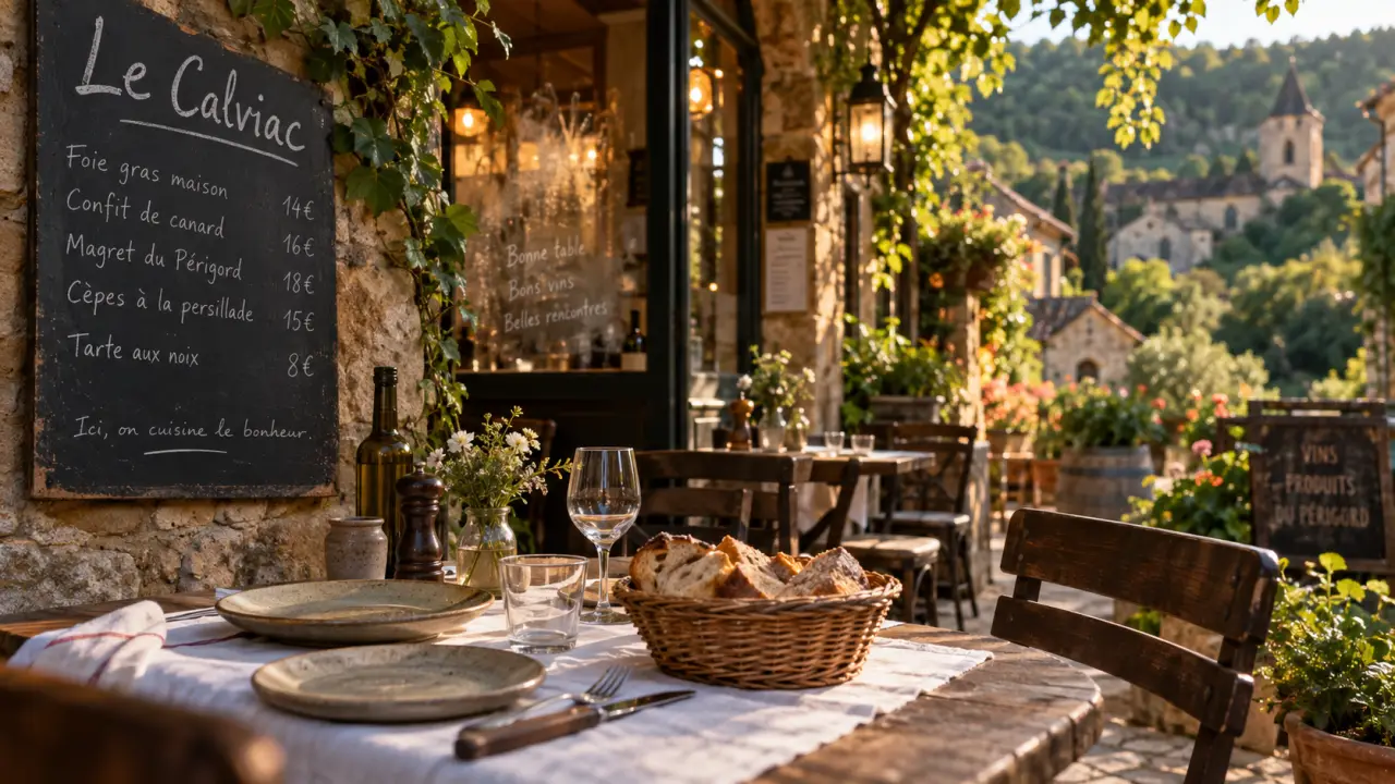 Calviac en Périgord restaurant : table en bois et panneau « Le Calviac »