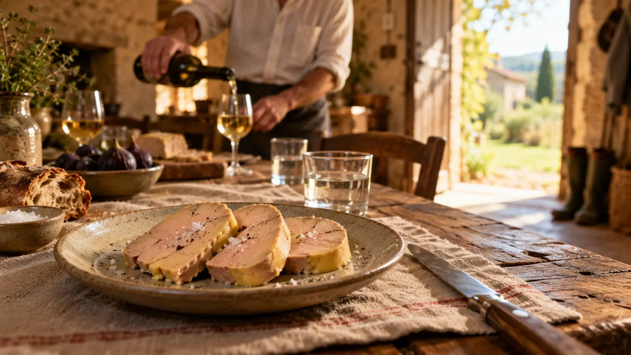 Degustation foie gras dordogne : tranches sur table de ferme périgourdine