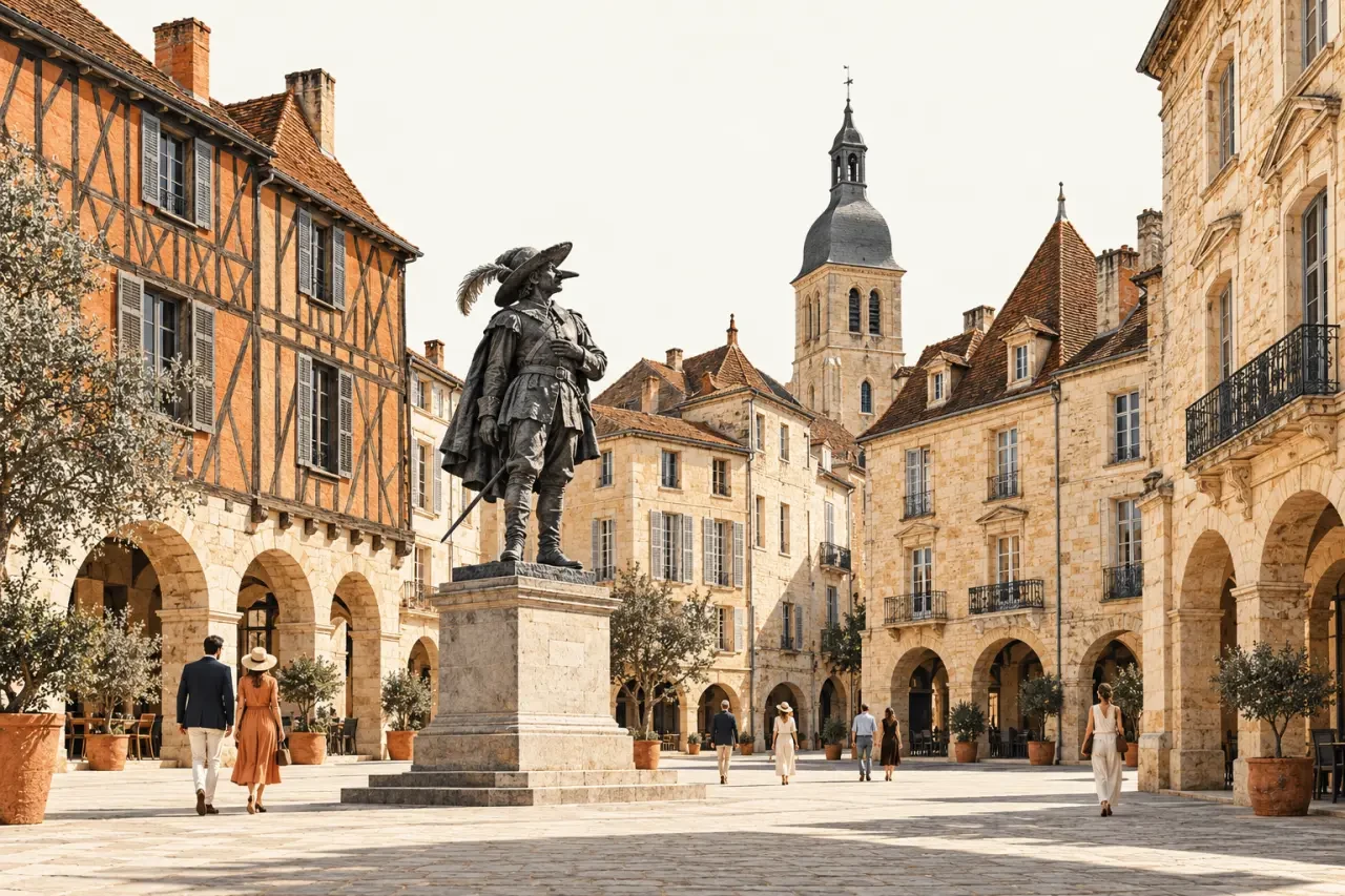 Dordogne tourisme Bergerac : centre historique et maisons à colombages de la place Pélissière