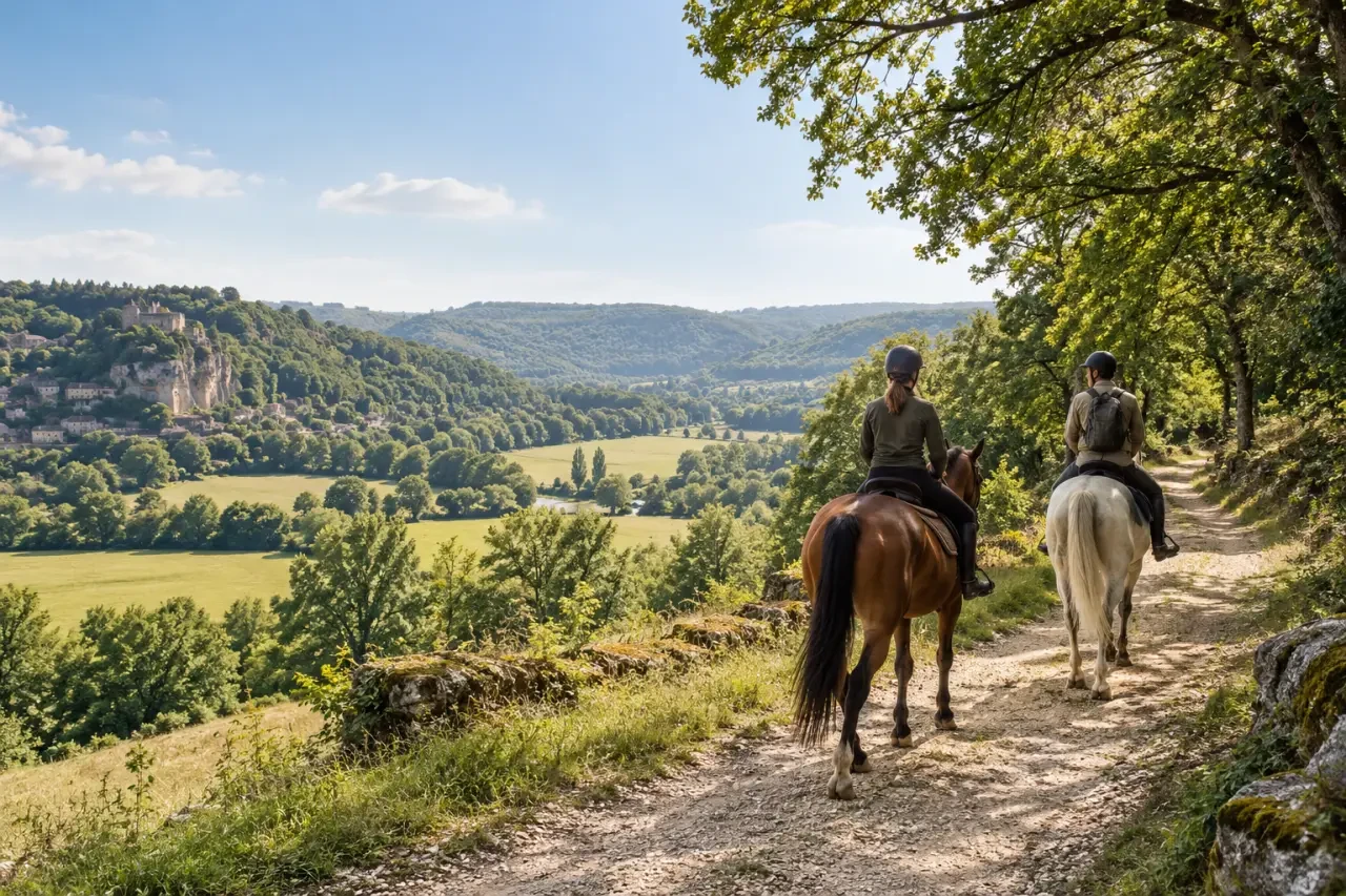 Tourisme équestre Dordogne sur un chemin rural du Périgord