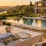 Location de prestige et de luxe en Dordogne Périgord : terrasse en pierre et piscine privée à la golden hour