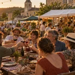 Marchés gourmands dordogne en village, tablée et stands
