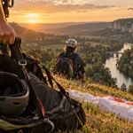 Parapente dordogne sarlat : sellette et biplace au décollage près de la Dordogne