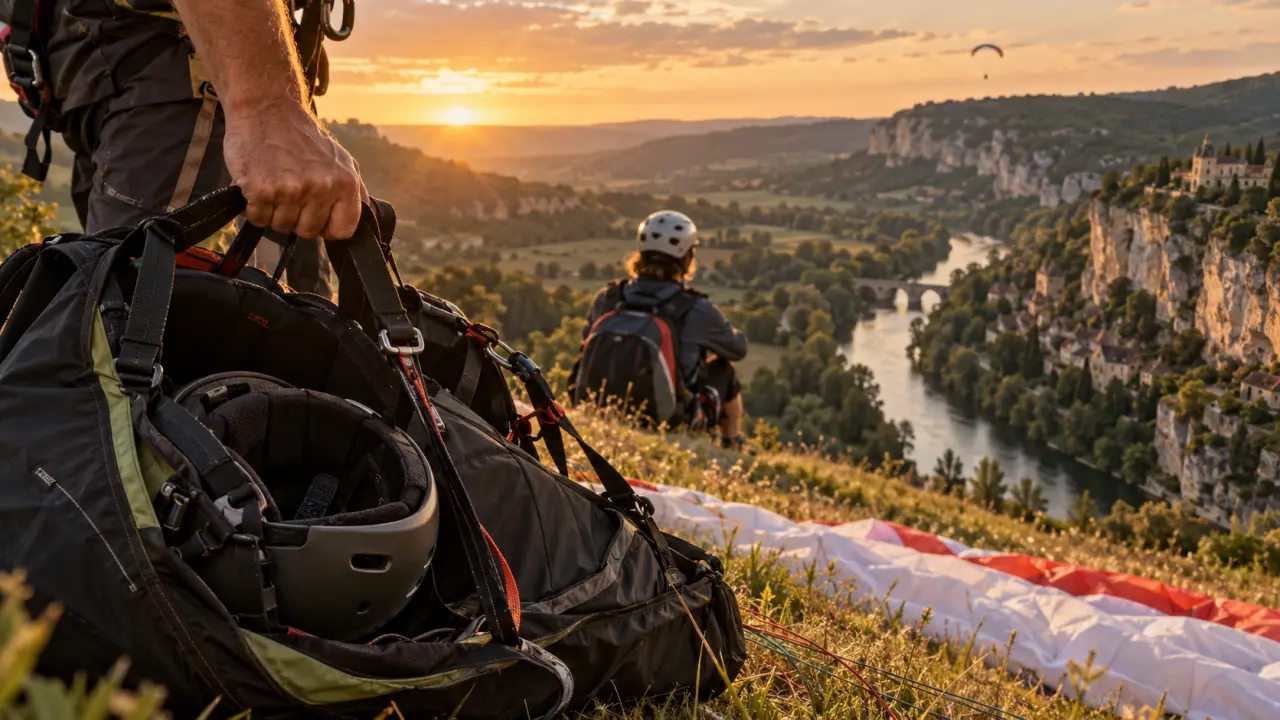 Parapente dordogne sarlat : sellette et biplace au décollage près de la Dordogne
