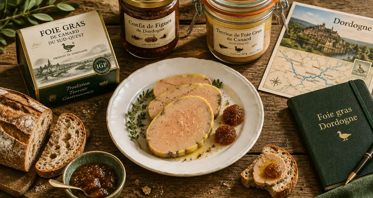 Producteur de foie gras dordogne : terrine et bocaux sur table en bois