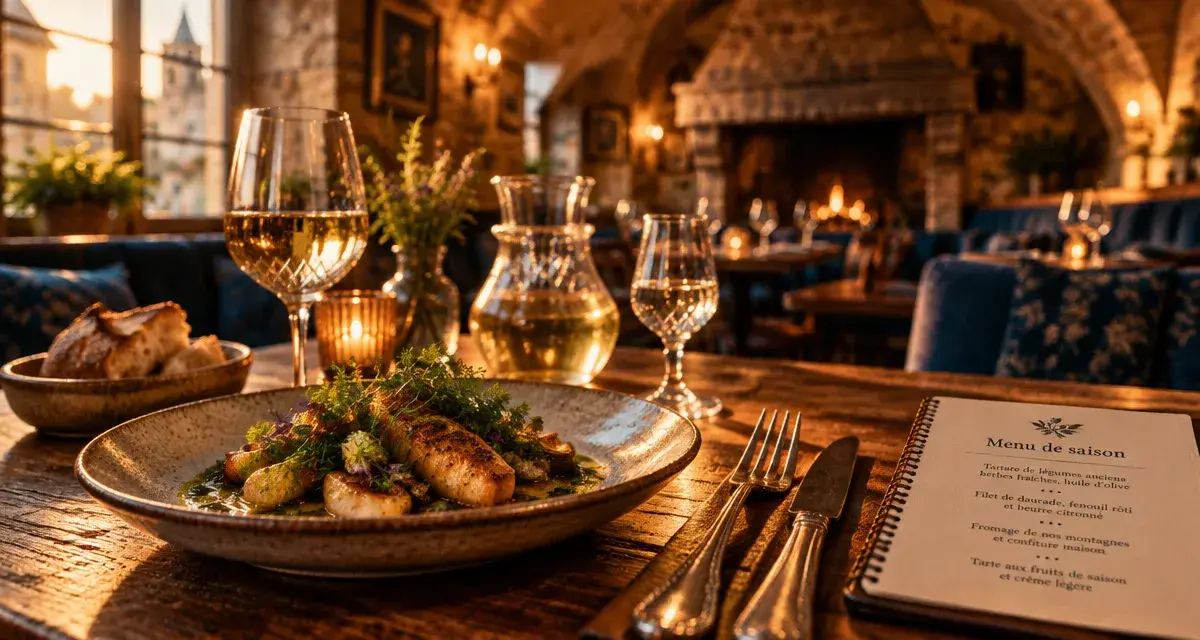 Restaurants figeac lot : table bistronomie en salle historique à la golden hour
