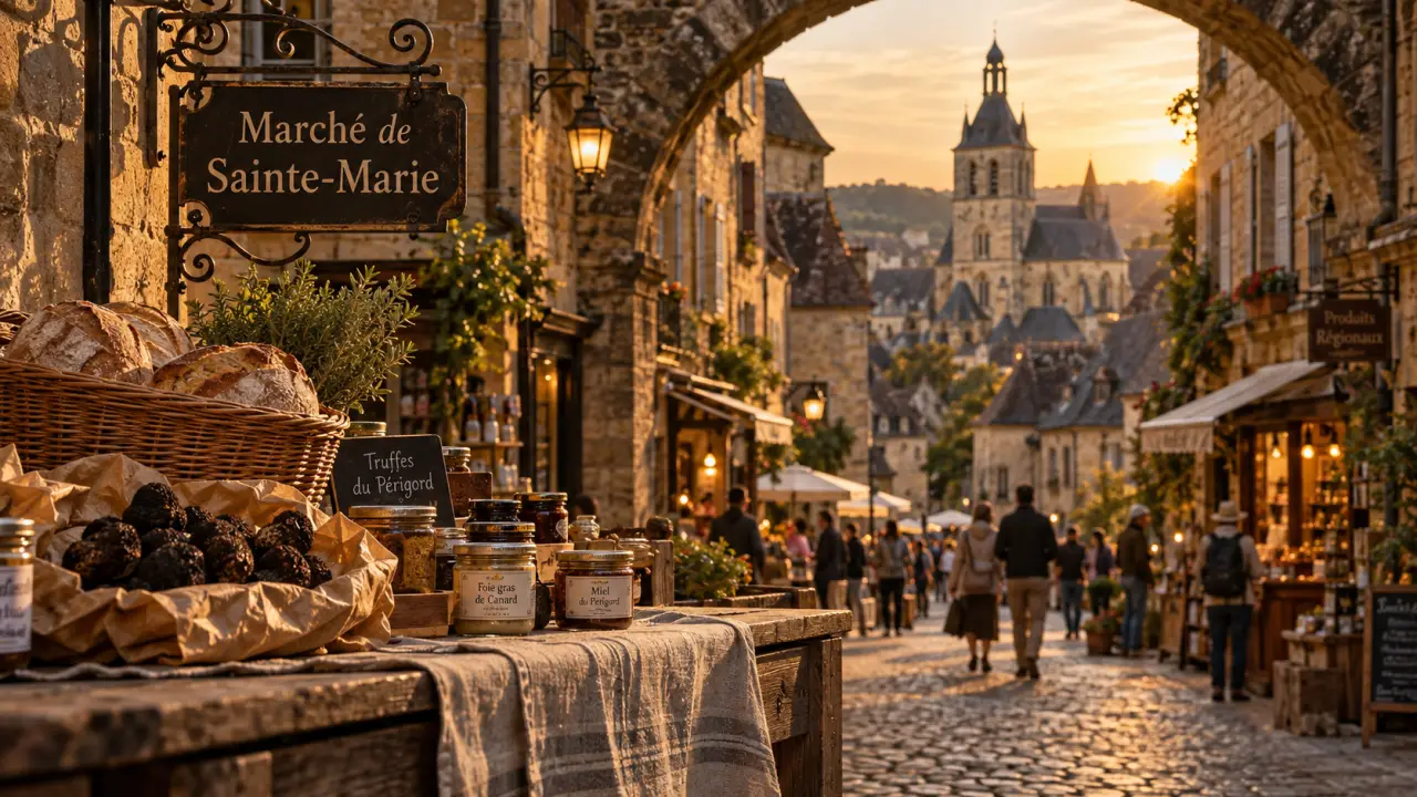 Things to do in Sarlat Dordogne : marché de Sainte-Marie au crépuscule