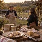 Visite foie gras dordogne : table avec foie gras mi-cuit et producteur
