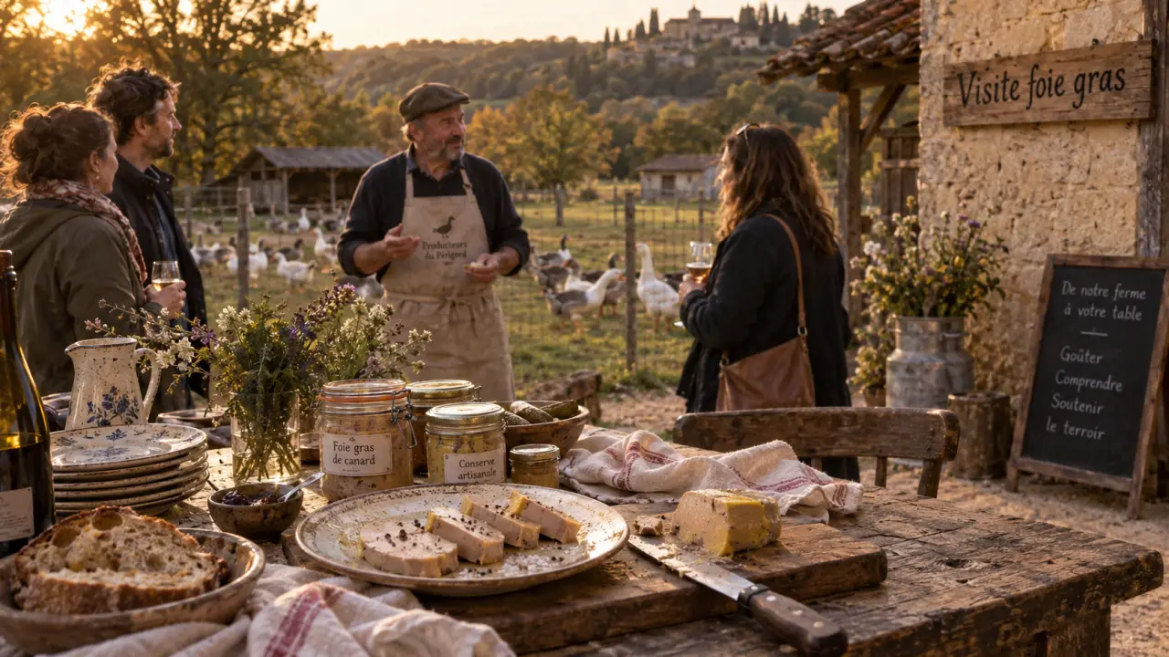Visite foie gras dordogne : table avec foie gras mi-cuit et producteur